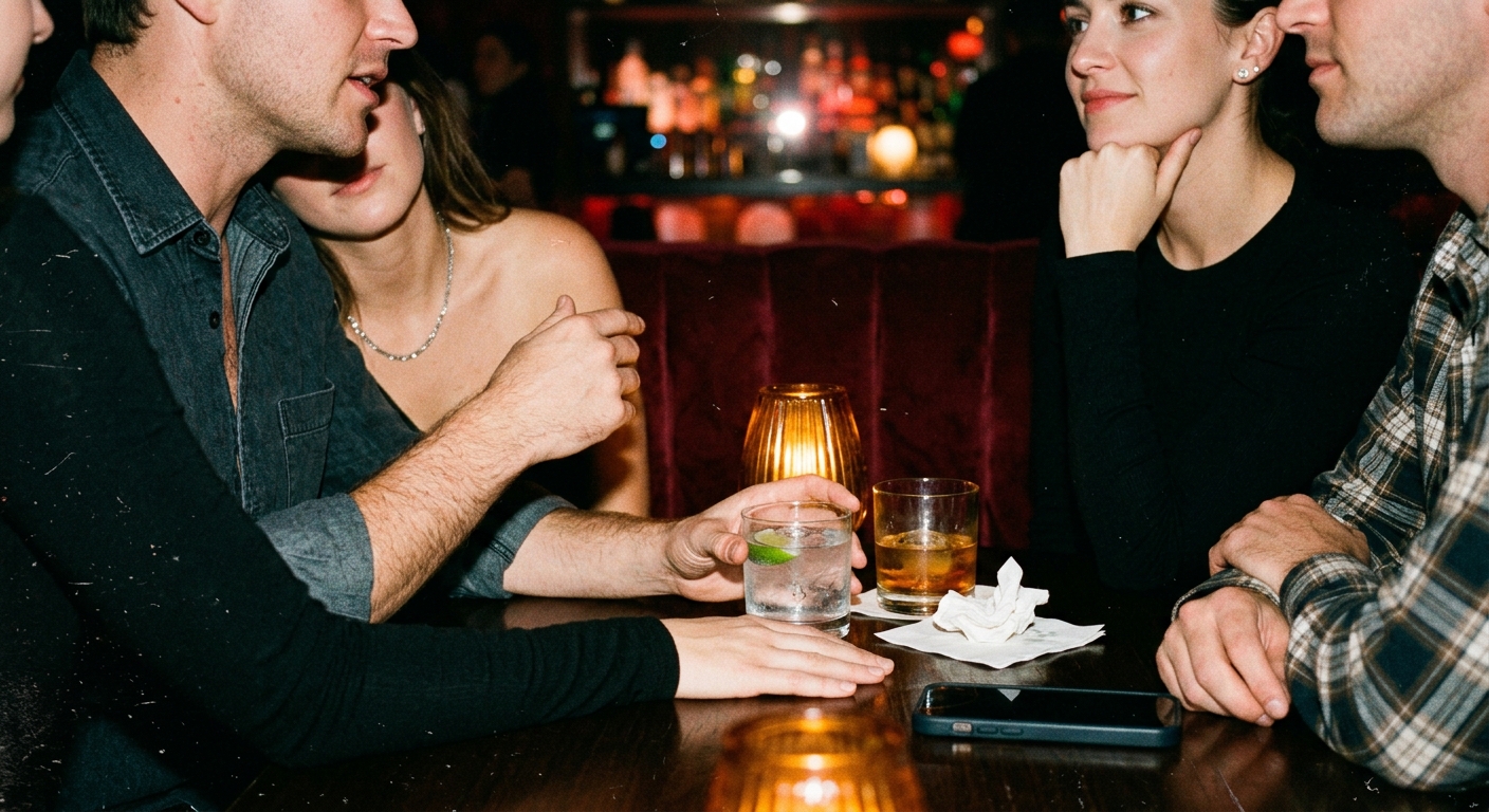 Two couples leaning across a candlelit velvet booth with drinks and a phone on the table.