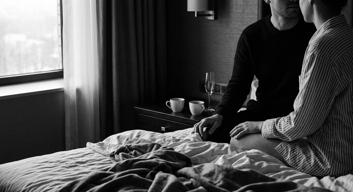 Couple on the edge of a rumpled hotel bed with morning light and coffee cups.