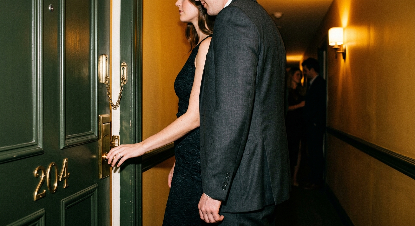 Well-dressed couple opening a private suite door in a hotel hallway while another couple waits in the background.