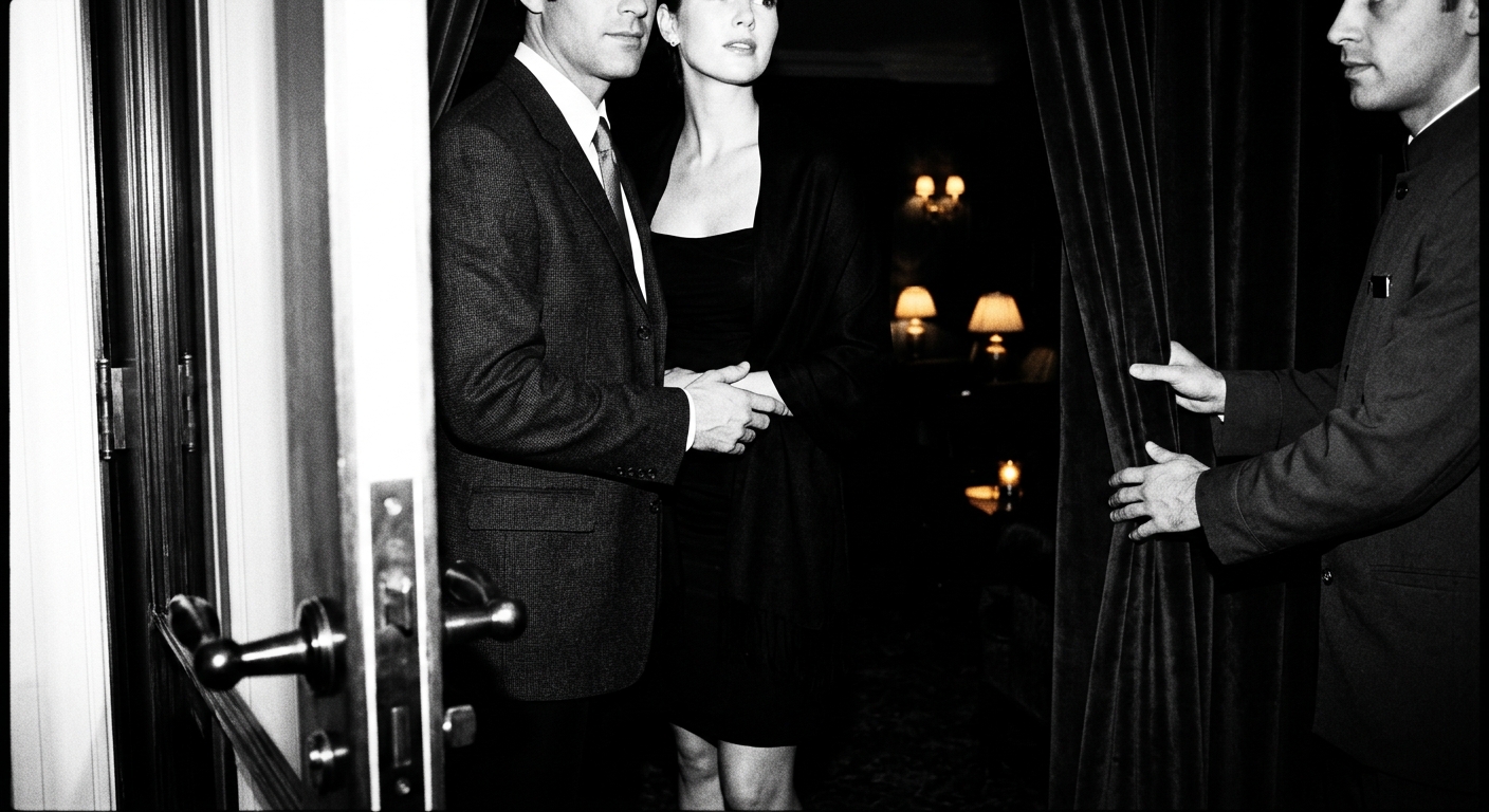 Couple entering a dim private lounge behind a velvet curtain in Los Angeles