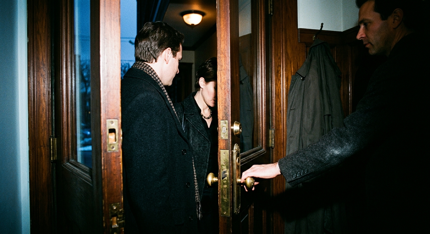 Couple entering a wood-paneled doorway while a host opens the door, faces mostly obscured