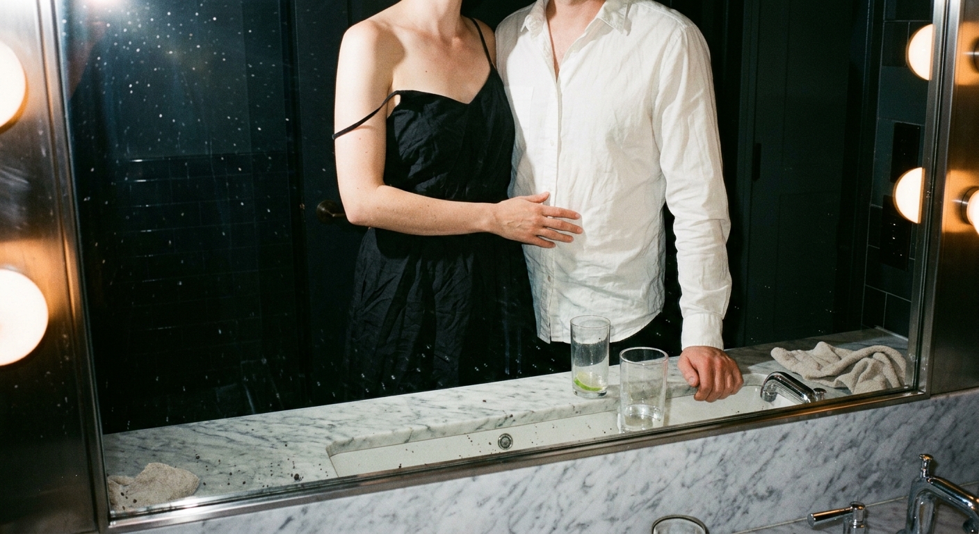Couple regrouping at a marble bathroom sink after midnight, faces mostly out of frame