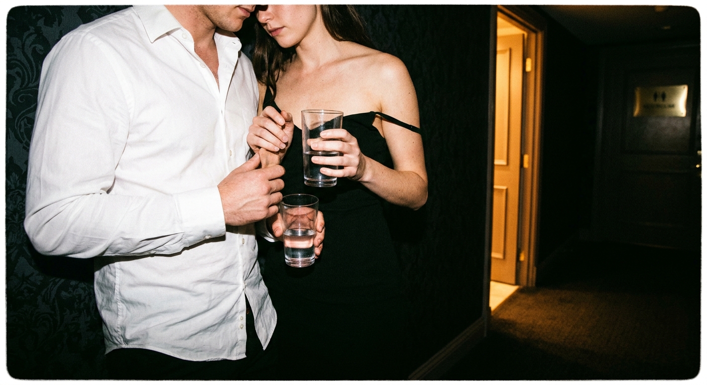 Couple regrouping in a dim hotel corridor after midnight, faces mostly out of frame