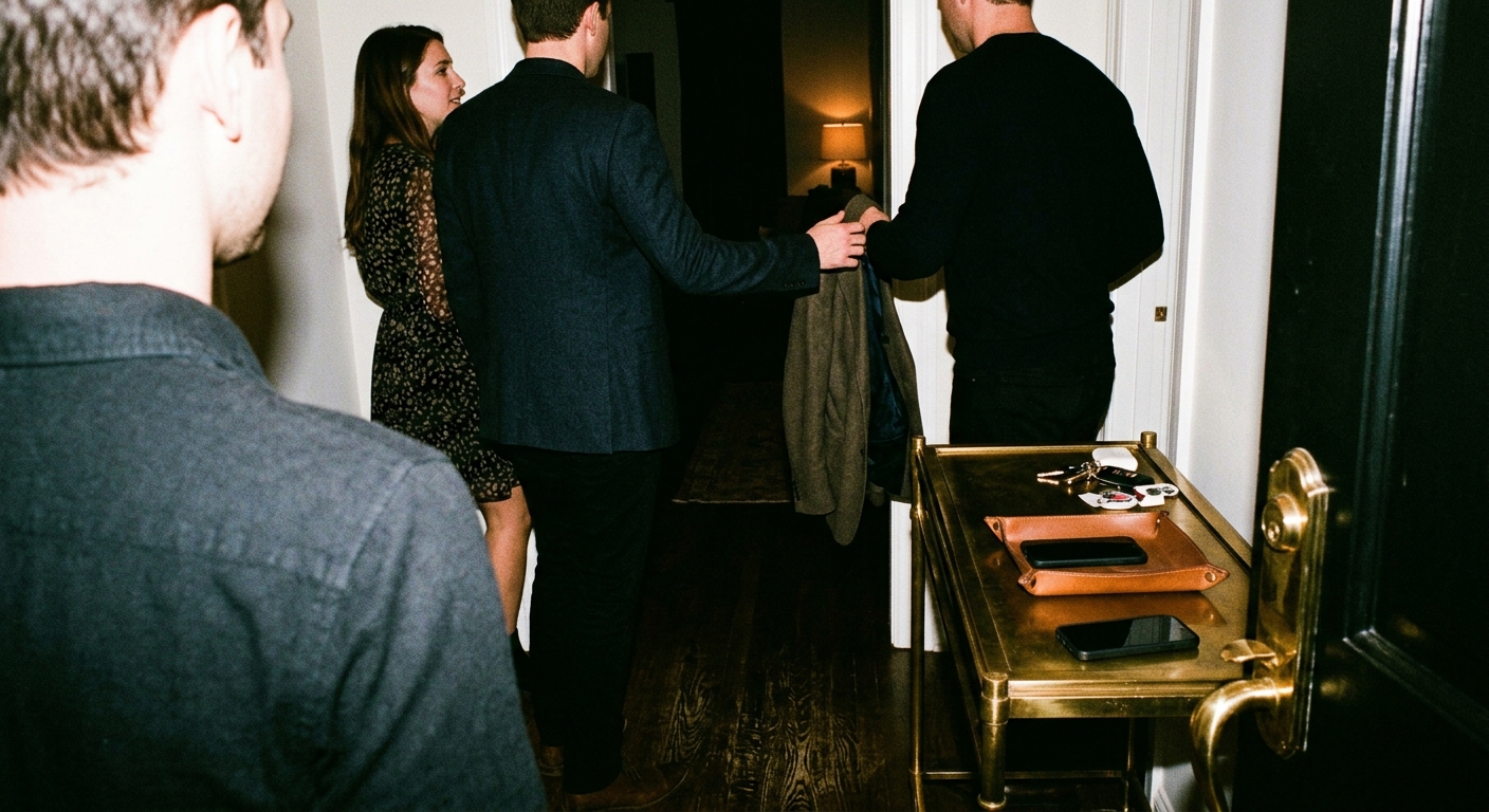 Couple arriving at a softly lit private entryway, faces mostly out of frame