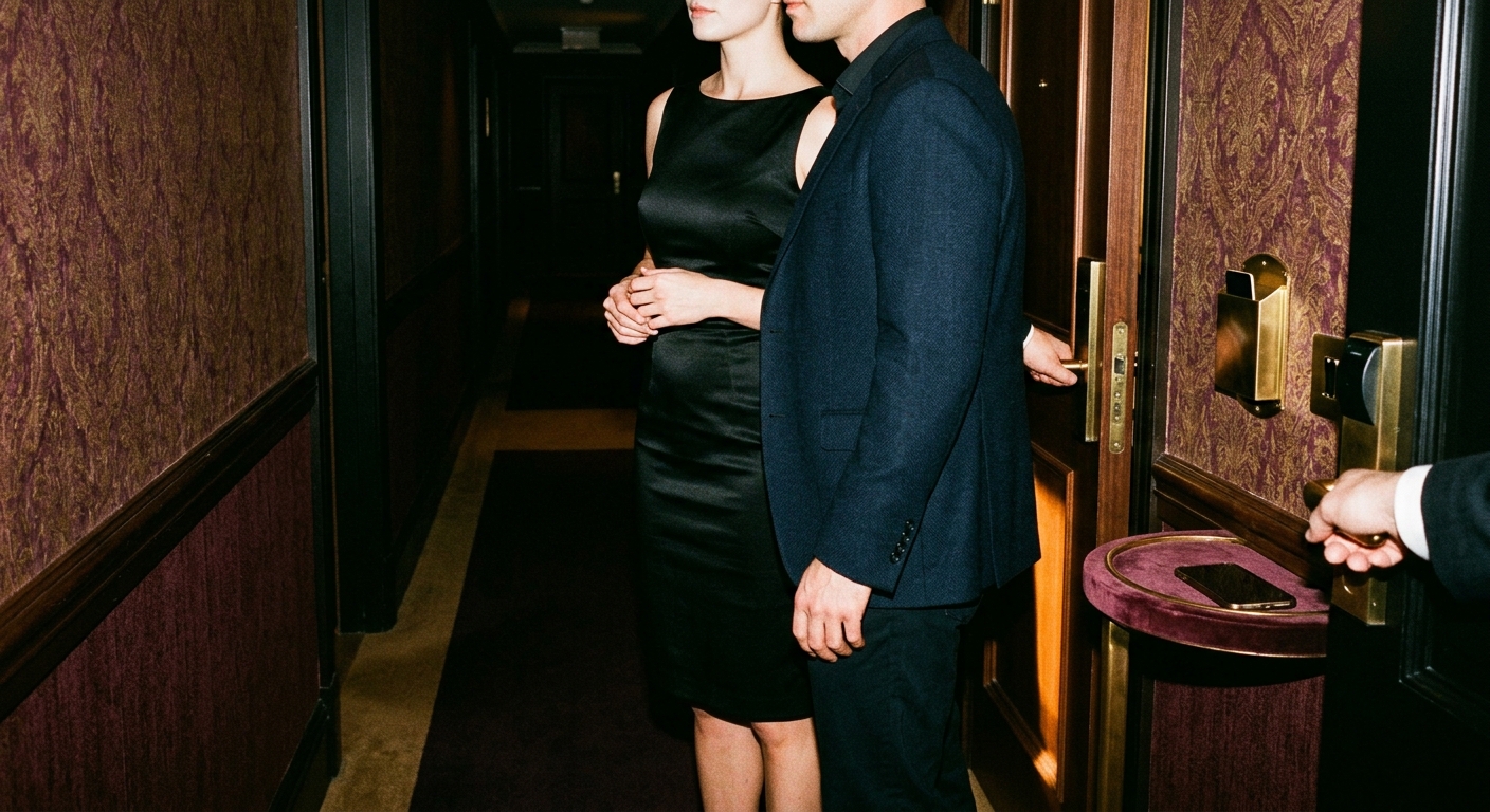 Dressed-up couple pausing at a private suite doorway while a host holds the door, faces cropped out