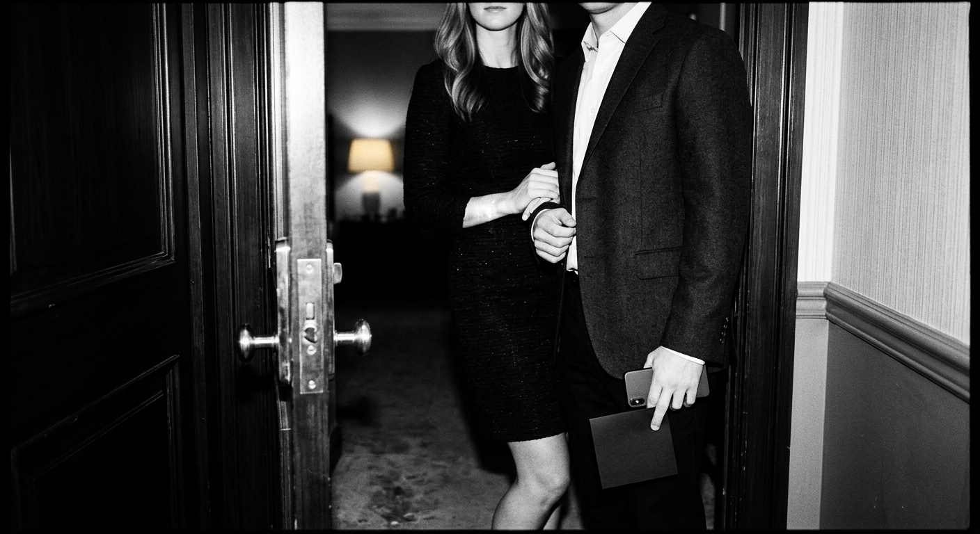 Well-dressed couple standing at a hotel doorway with a phone and invitation, faces cropped out