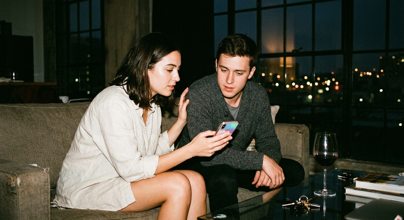 Couple on a couch at dusk, one holding a phone with screen glow, quiet tension between them.