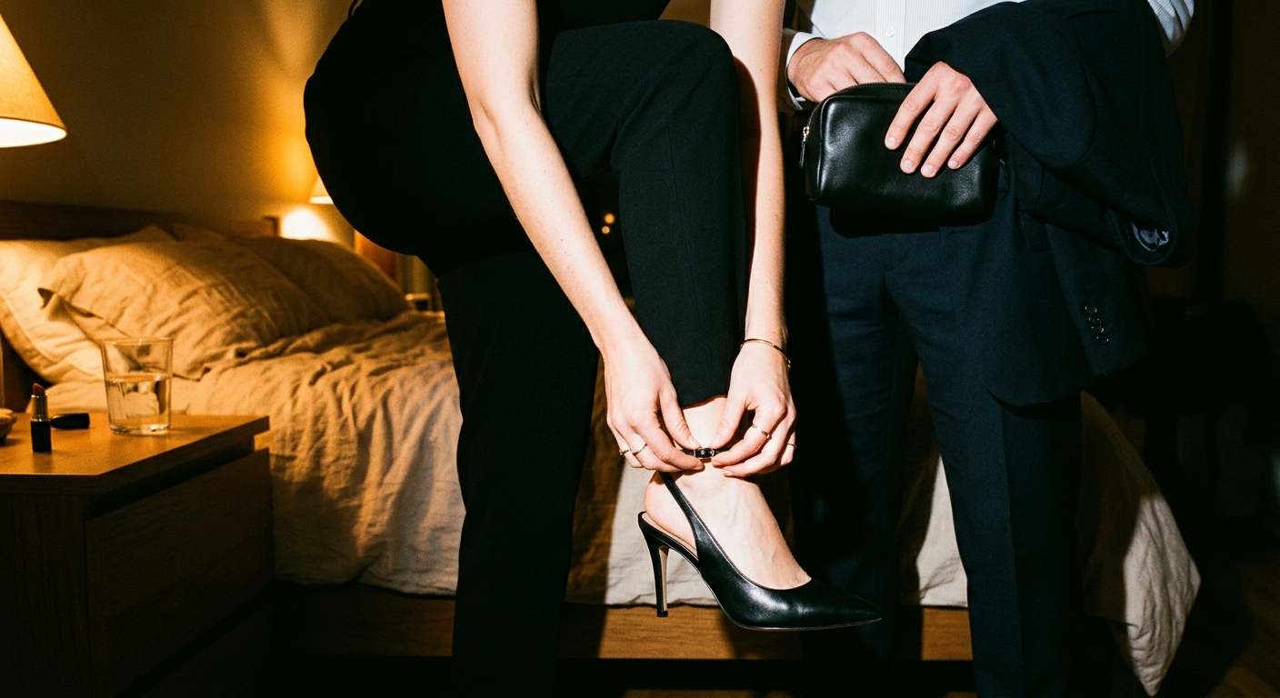 Couple getting ready in a softly lit bedroom, one fastening a heel while the other holds a black pouch
