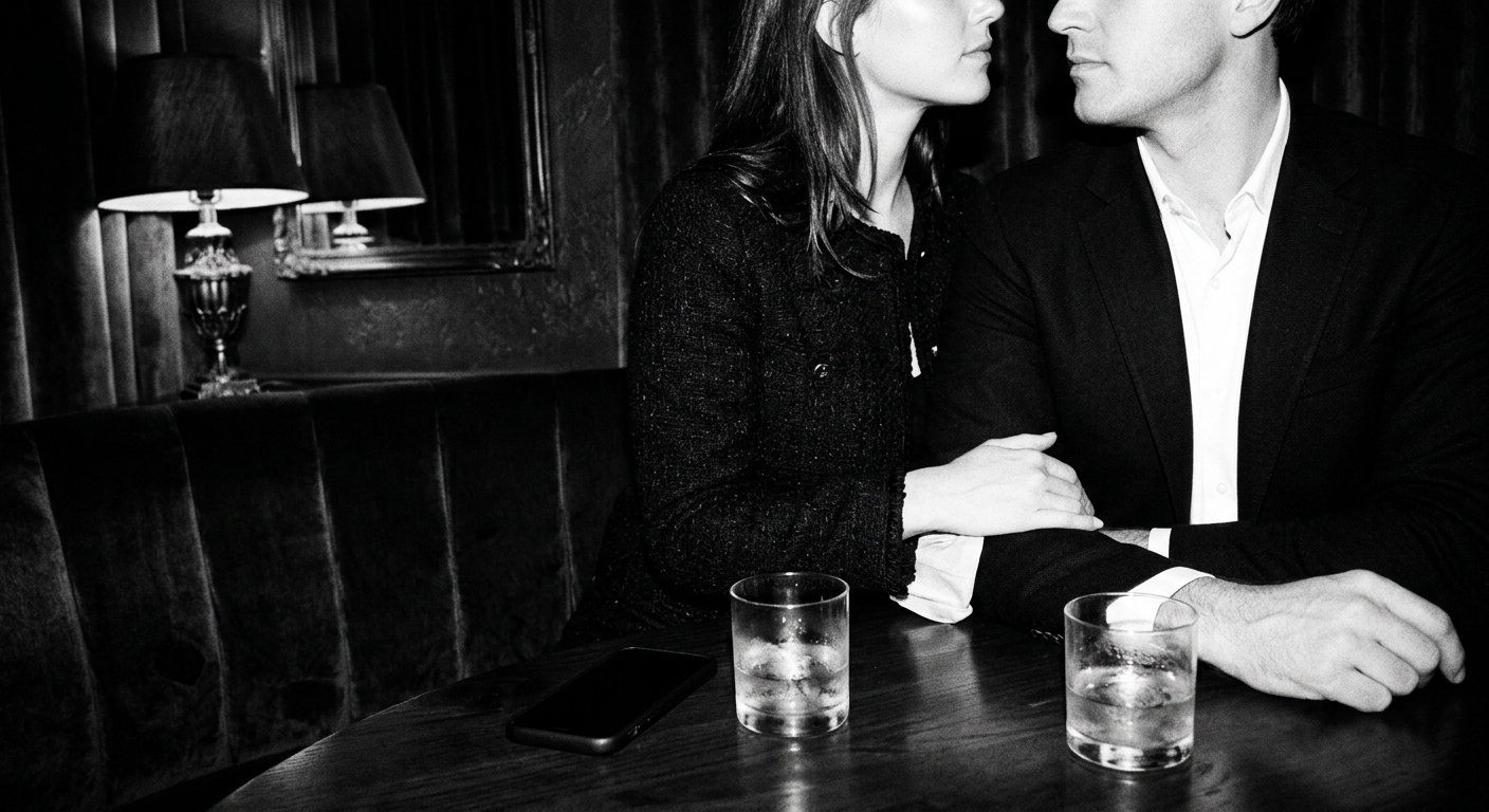Couple seated close in a dim lounge booth with two drinks, faces partly cropped