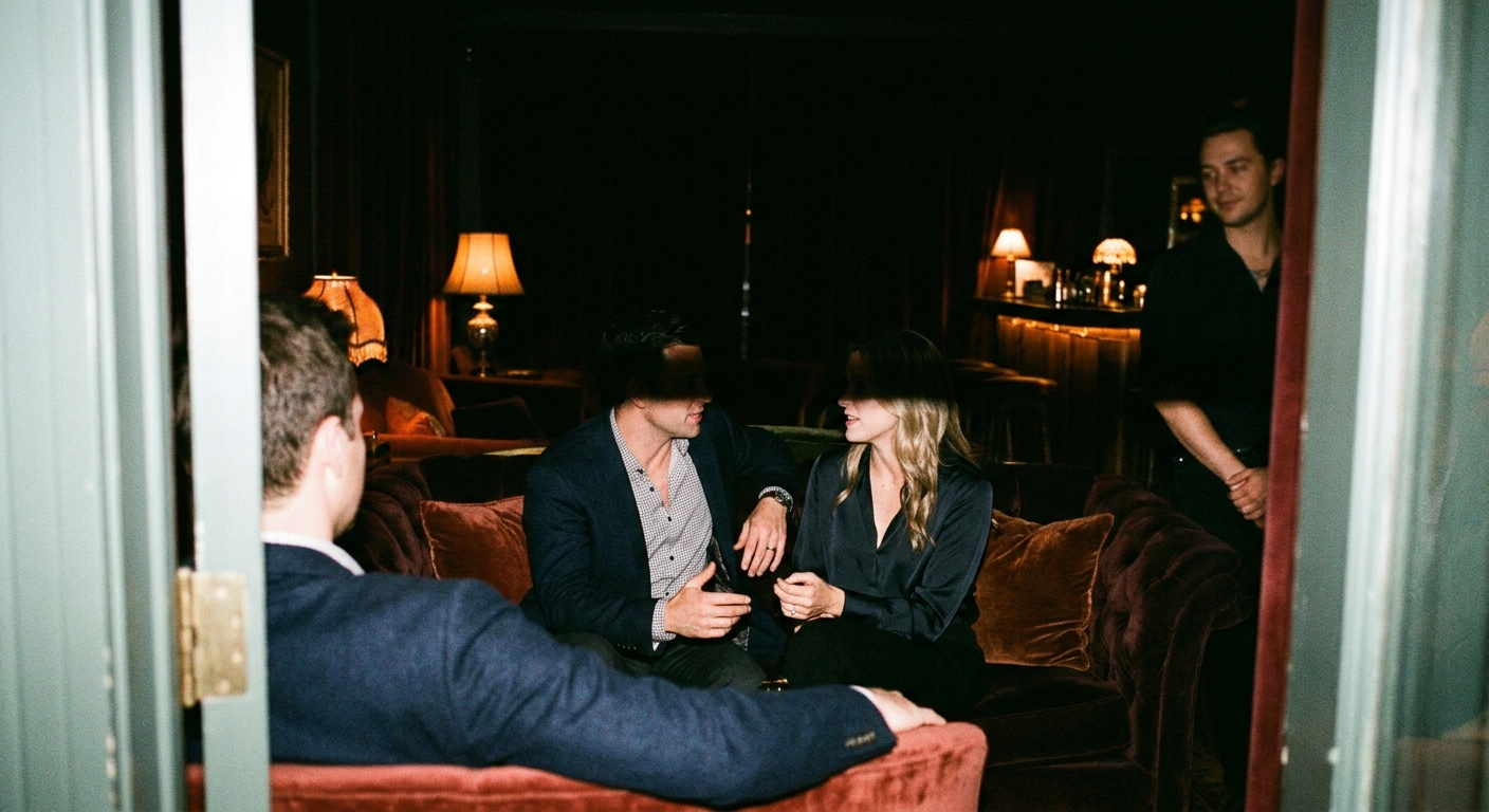 Host and couple in quiet private lounge conversation, faces partly cropped, warm lamp glow