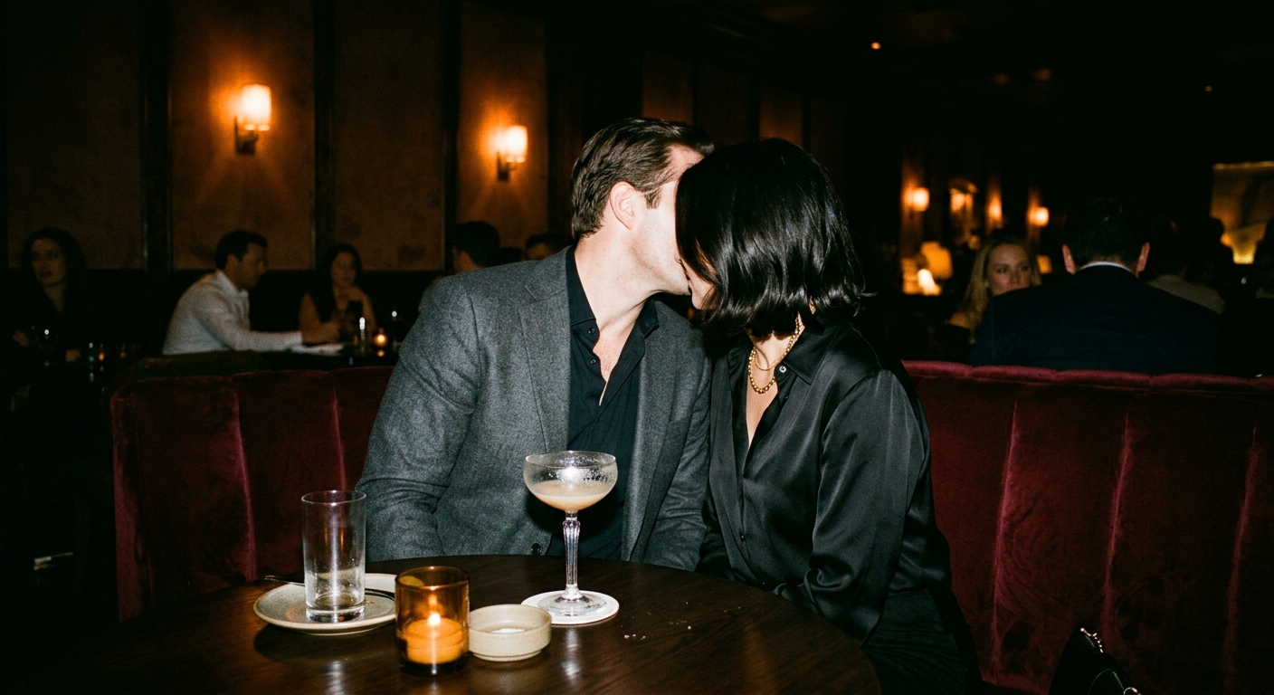 Well-dressed couple kissing in a dim cocktail lounge booth, faces mostly obscured