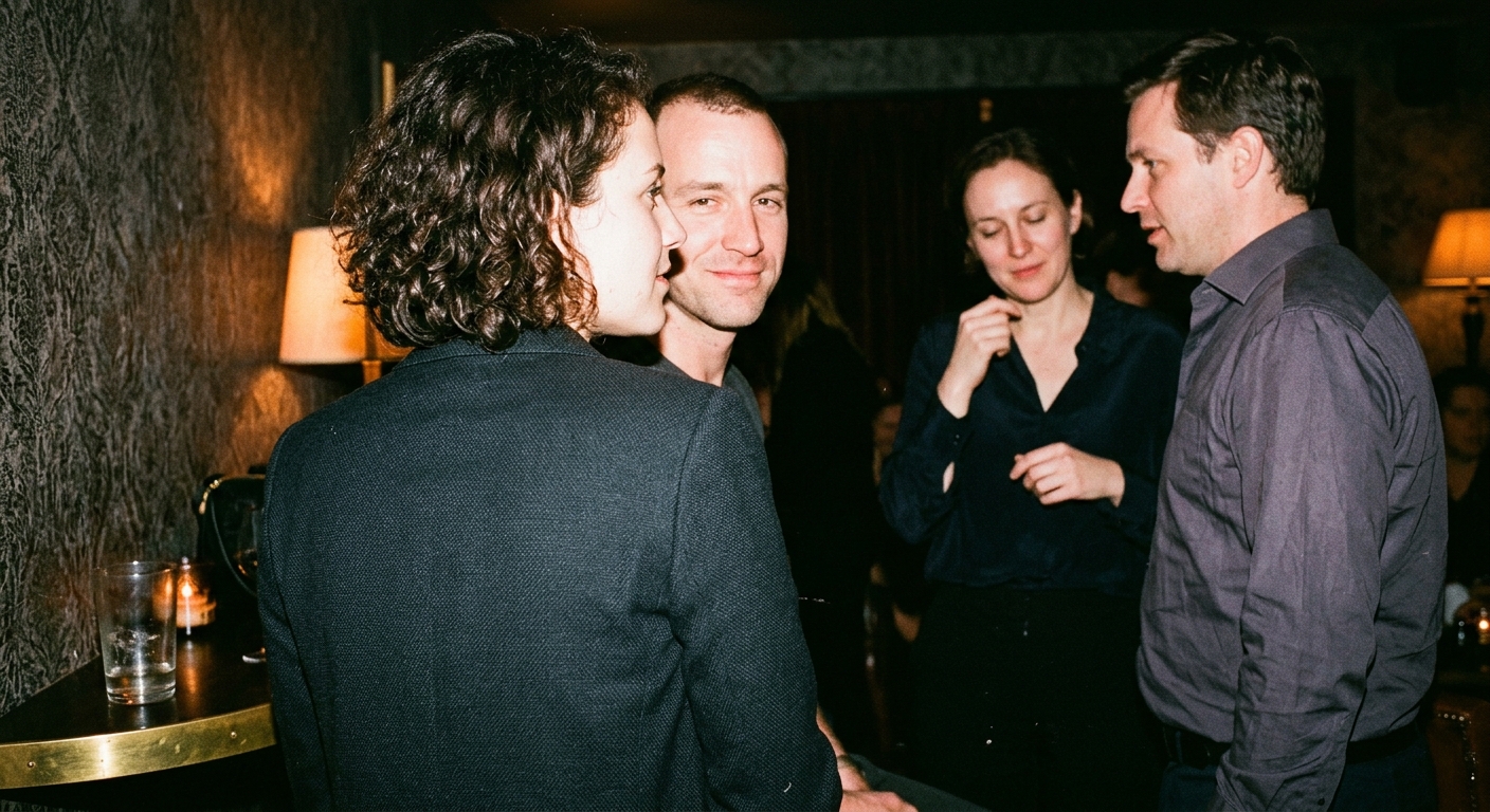 Two couples in relaxed conversation at a dimly lit private lounge, faces cropped at the jaw and forehead, warm amber glow
