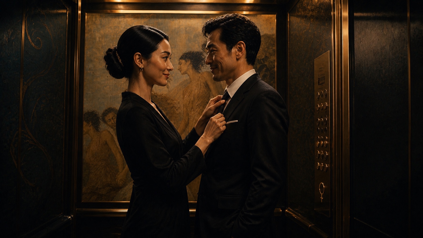 Una pareja vestida haciendo una pausa en el oscuro pasillo de un hotel fuera de una suite privada
