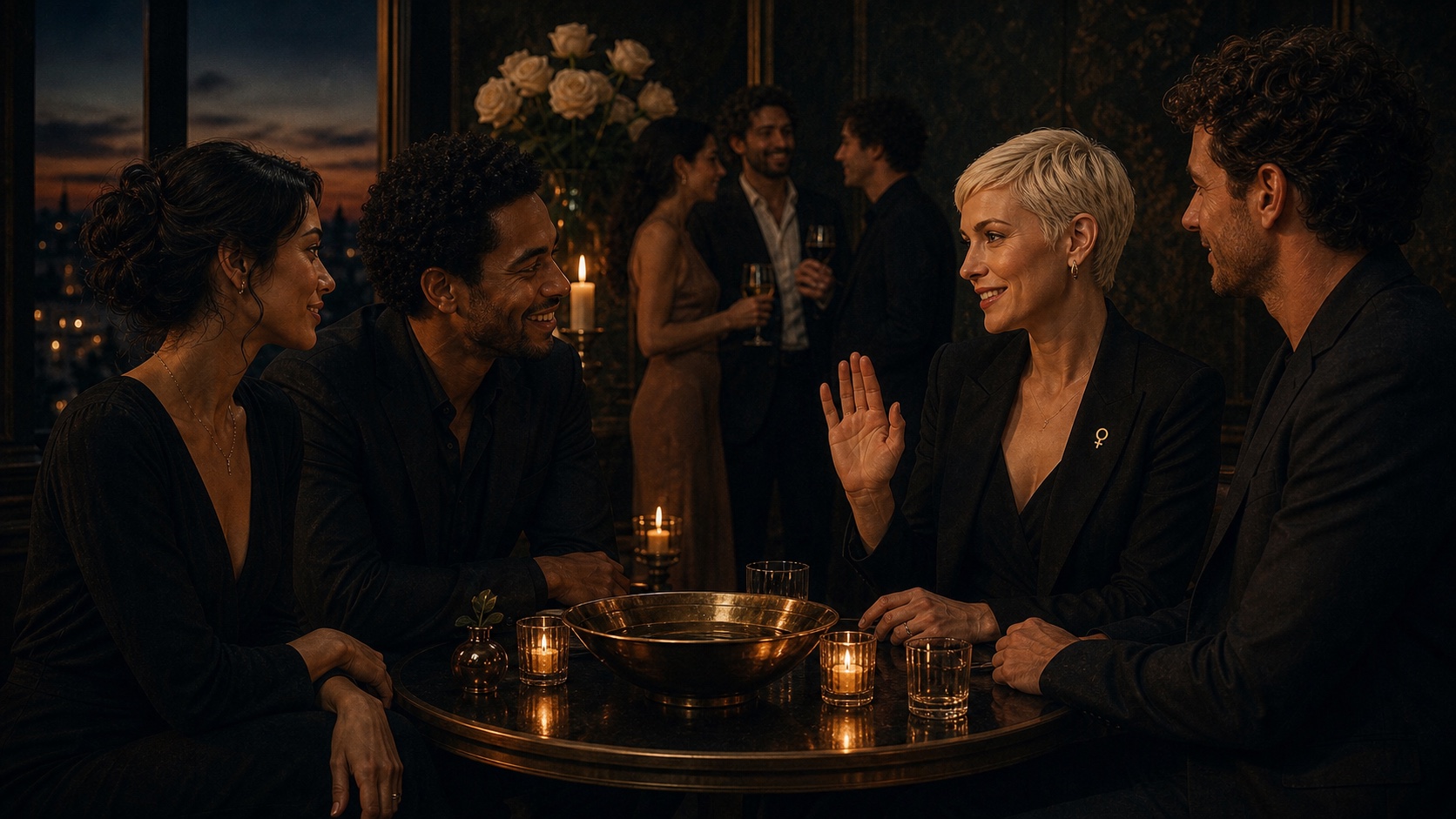 A couple standing close together in a dim private lounge at night, he with his hand lightly on her back, warm flash-lit atmosphere