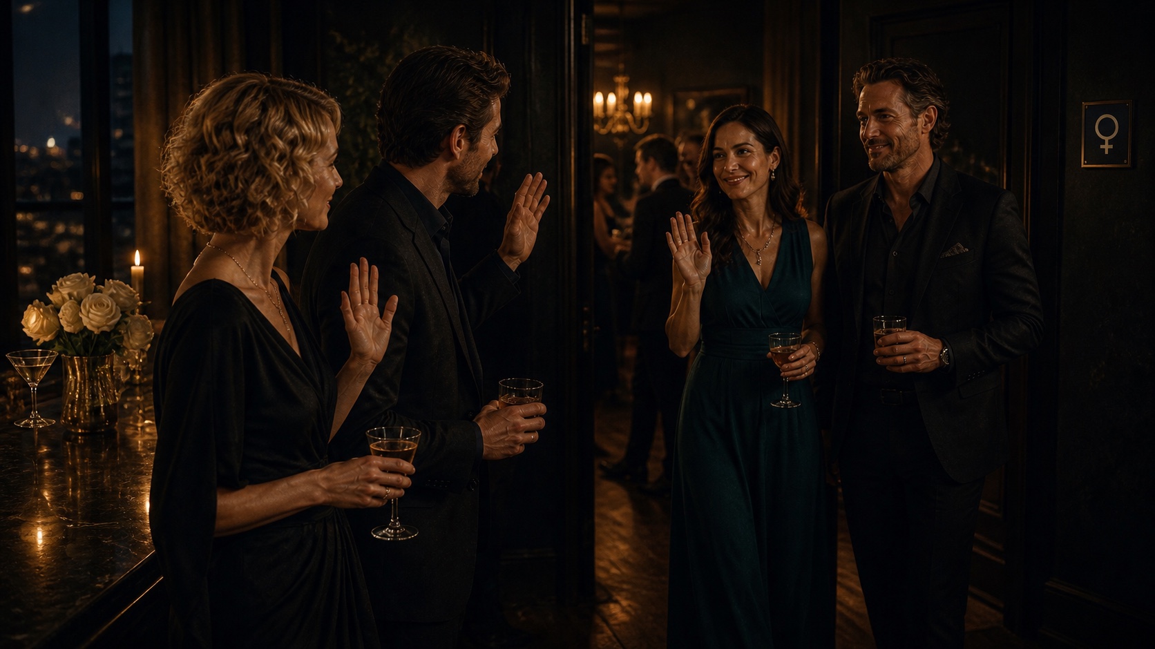 A couple in a dim hotel lobby at night, he in a dark blazer and she in a silk dress, warm flash-lit atmosphere, brass table edge in the foreground
