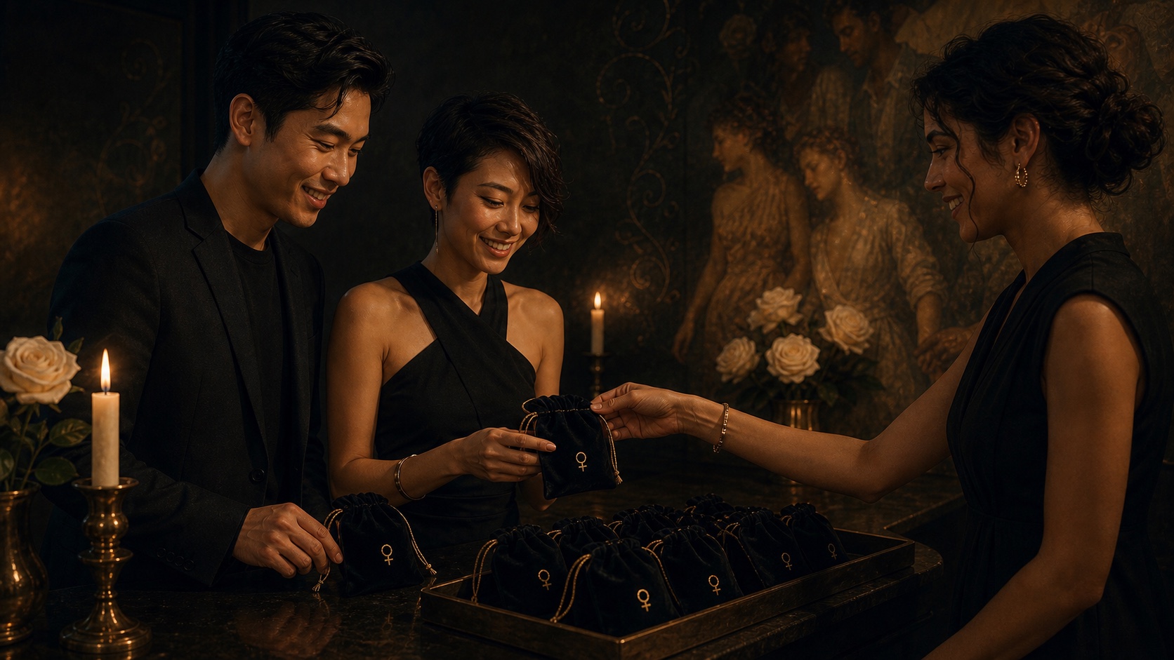 A couple in a dim private lounge at night, holding drinks and turned toward conversation off-frame, a phone face-down on the table in the foreground