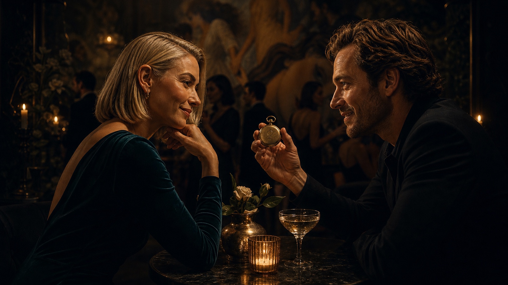 Two couples in relaxed conversation at a dimly lit private lounge, faces cropped at the jaw and forehead, warm amber glow
