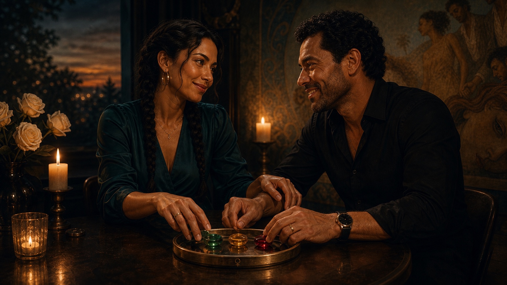 Couple talking by a car at dusk, holding drinks and turned toward each other in low conversation