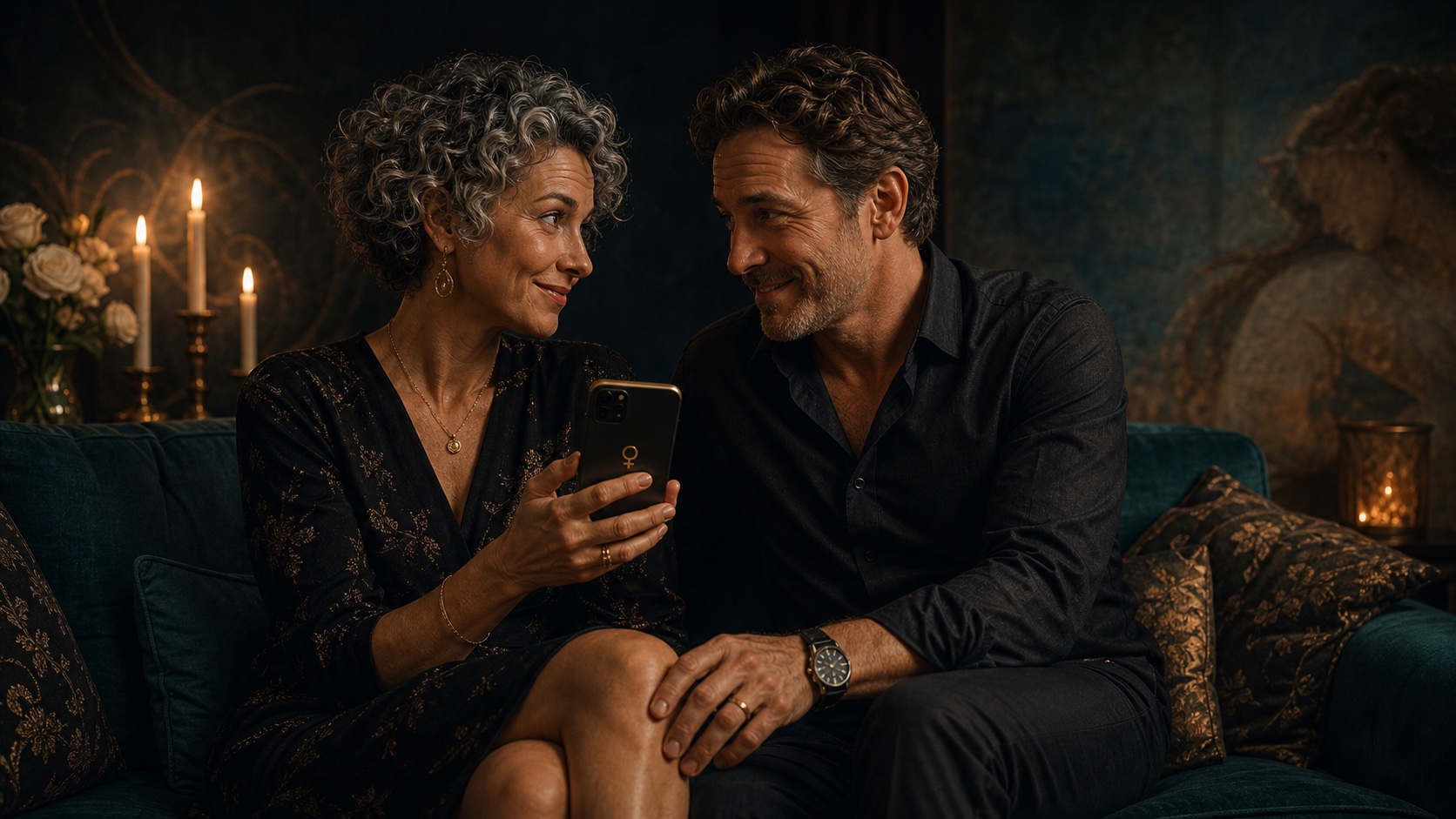Una pareja en un sofá al anochecer, uno sosteniendo un teléfono con una pantalla brillante, una tensión silenciosa entre ellos.