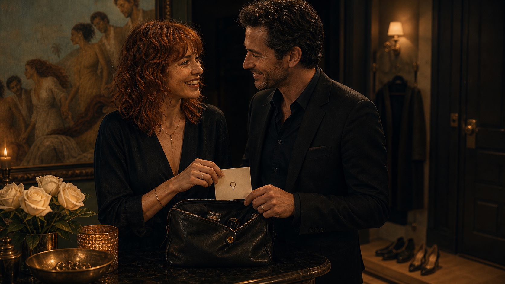 A couple standing close together at a kitchen island at night, a small pouch open on the marble counter between them, warm flash-lit atmosphere