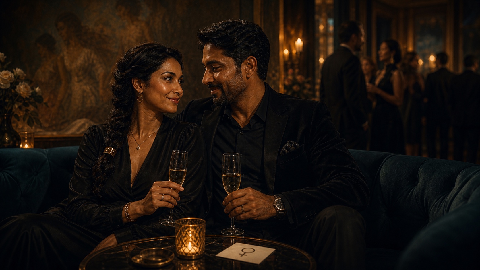 A couple in a dim private lounge at night, holding drinks and turned toward each other in quiet conversation, warm flash-lit atmosphere