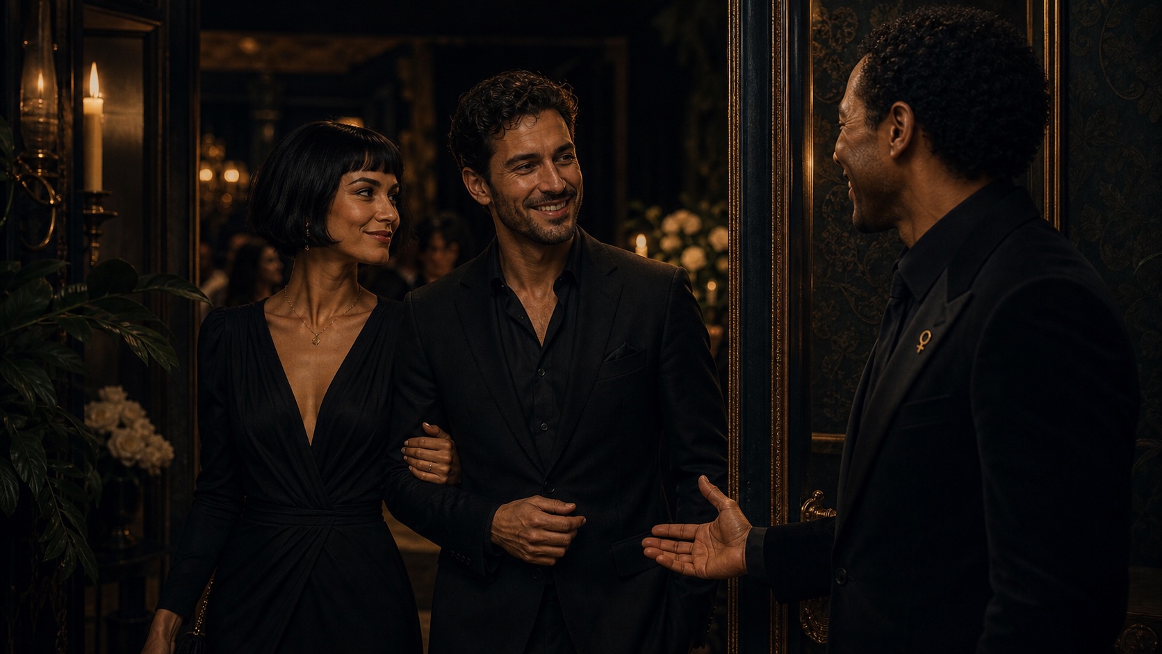 A couple in a dim private lounge at night, holding drinks and turned toward each other in quiet conversation, warm flash-lit atmosphere