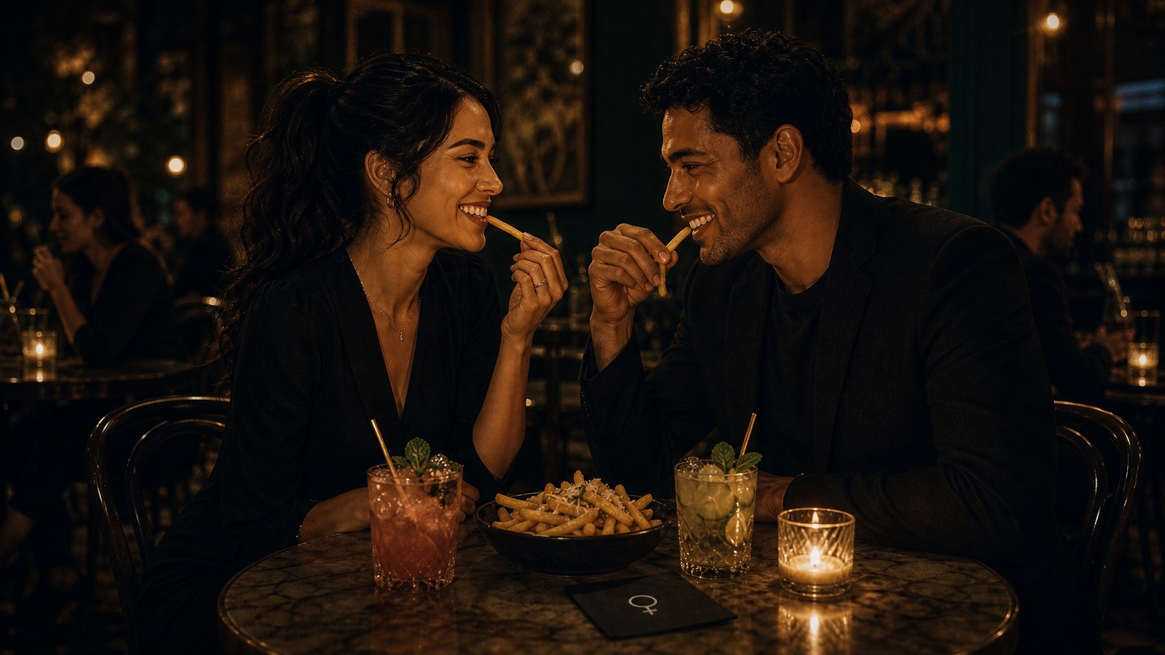 A couple standing close in a dim kitchen at night, holding wine glasses and turned toward each other in quiet conversation, warm flash-lit atmosphere