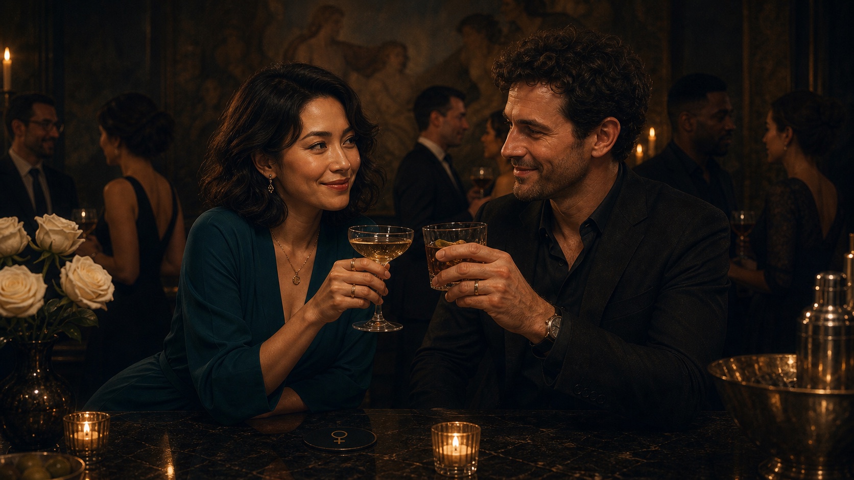 Una pareja bien vestida besándose en una mesa de cócteles en penumbra, con los rostros casi oscurecidos