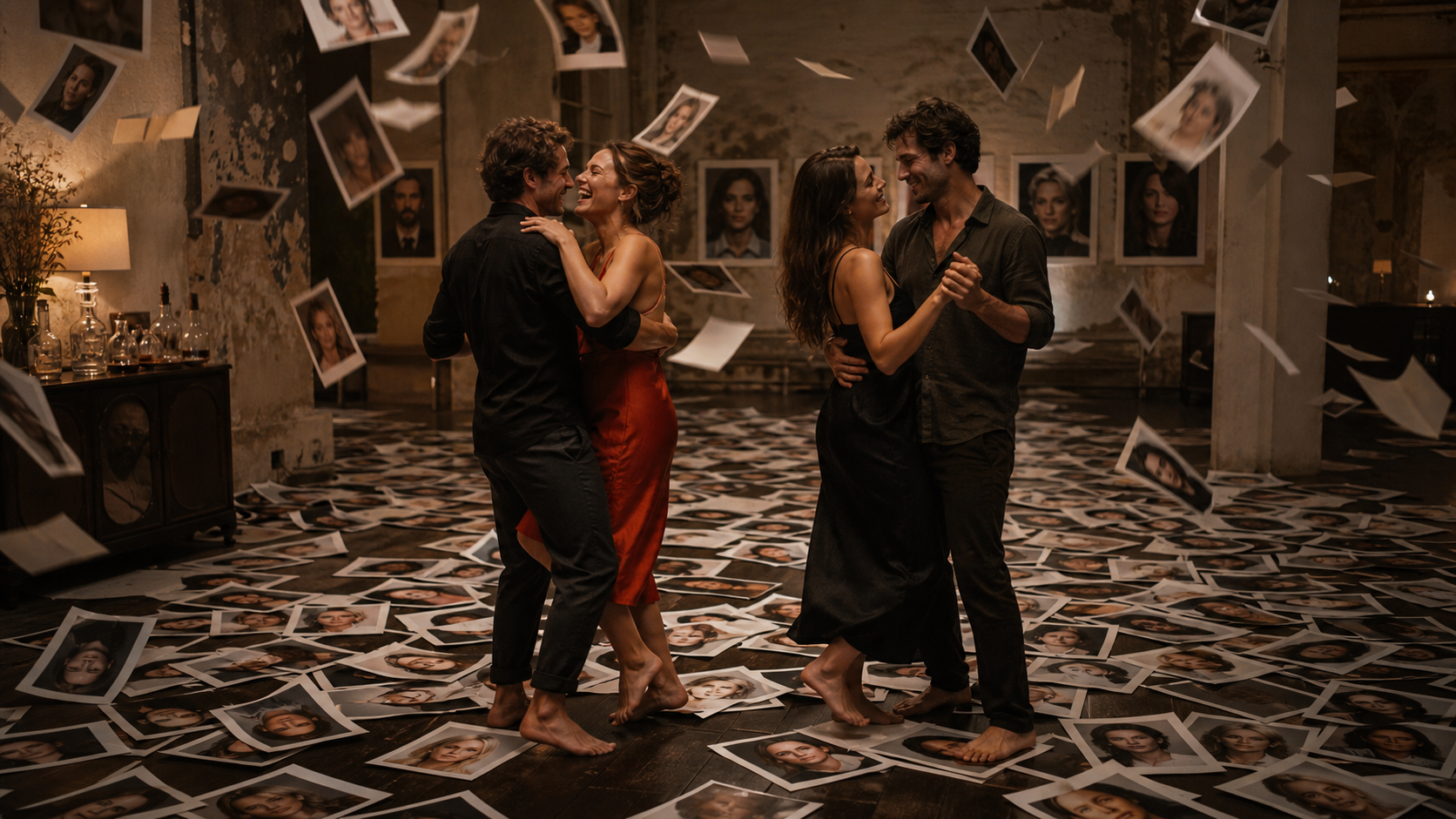 Two adult couples dancing barefoot in a dim room filled with scattered and floating portrait photographs