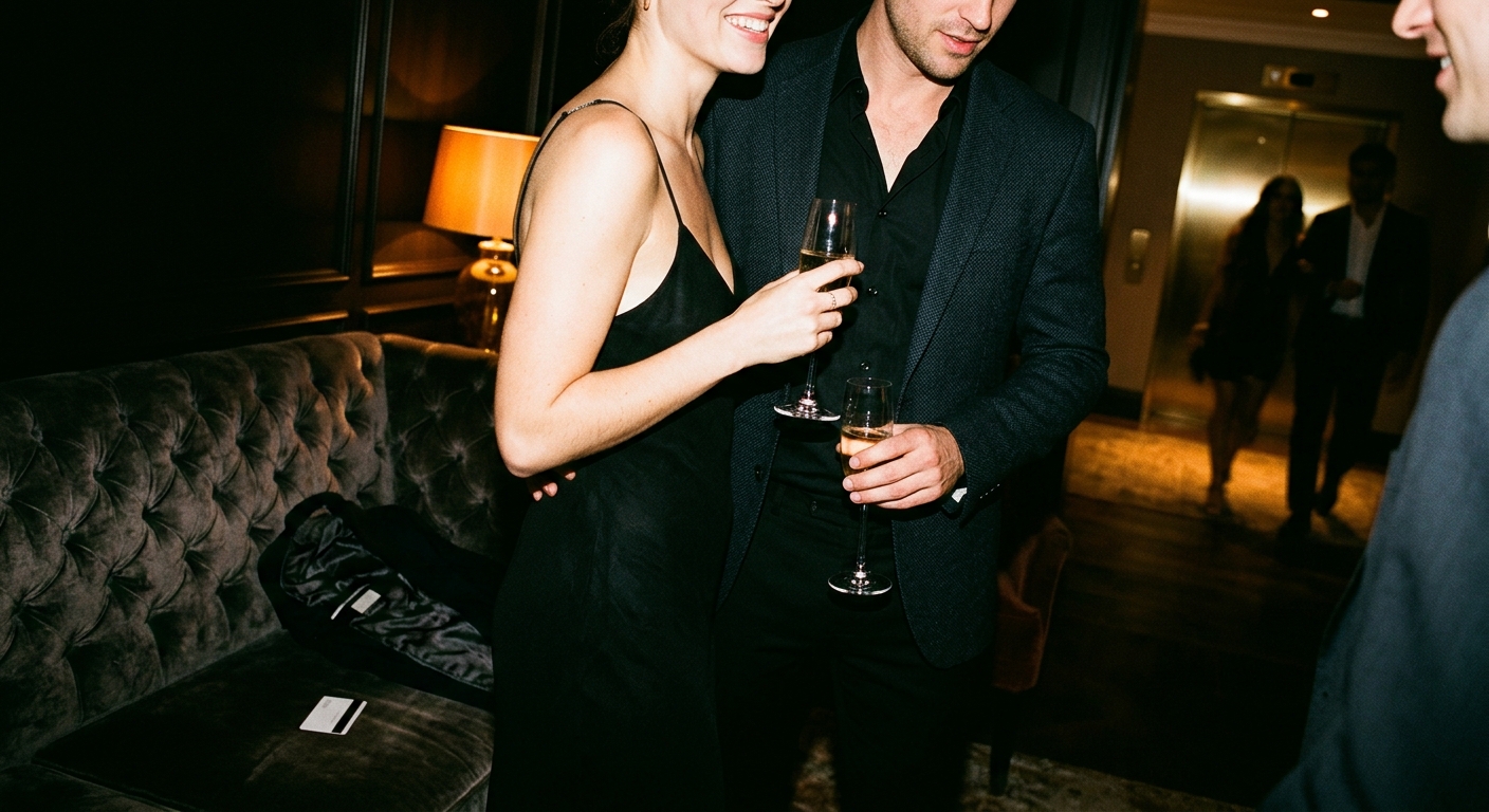 Couple with champagne in a private hotel lounge as other guests arrive